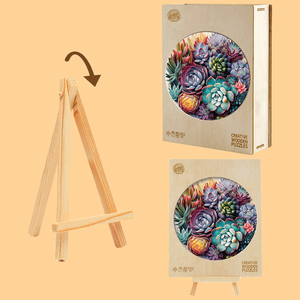 Wooden puzzle Succulent Garden box and tripod on mustard background