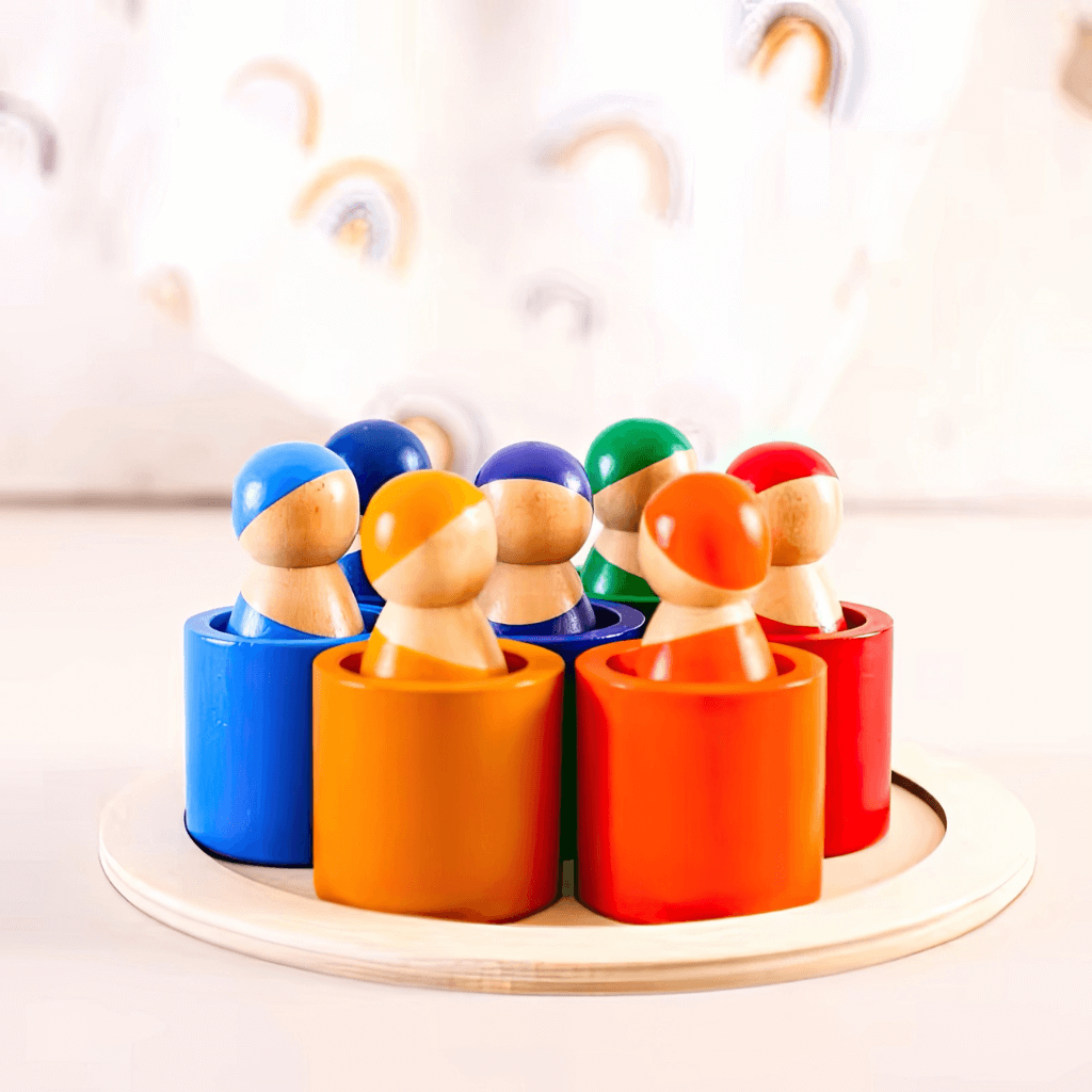 Wooden rainbow dolls with tray