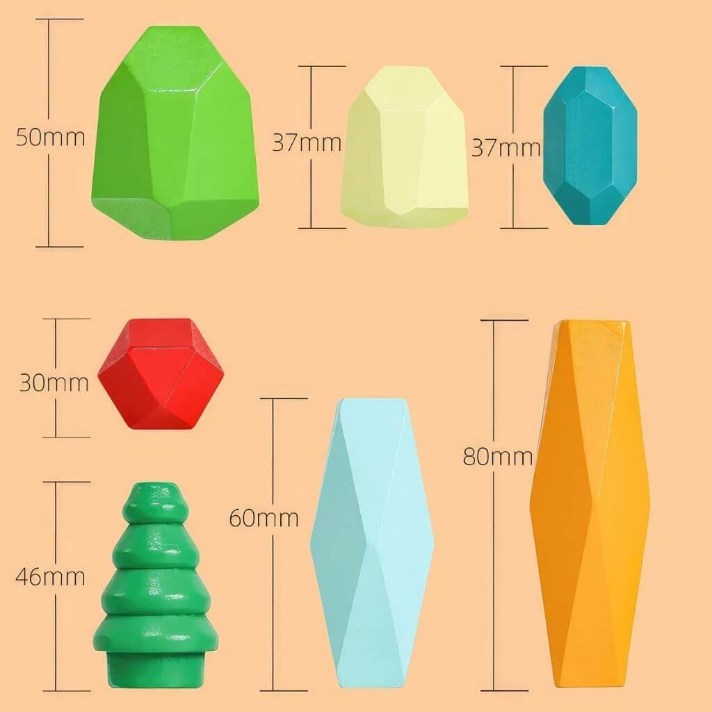 Wooden stacking stones with dimensions on orange background