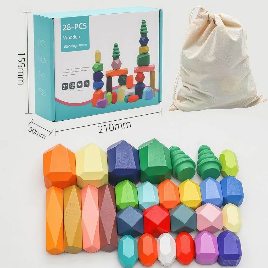 Wooden stacking stones box and contents on grey background