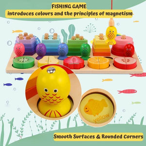 Wooden stacking toy with shapes, fruits and fish close up