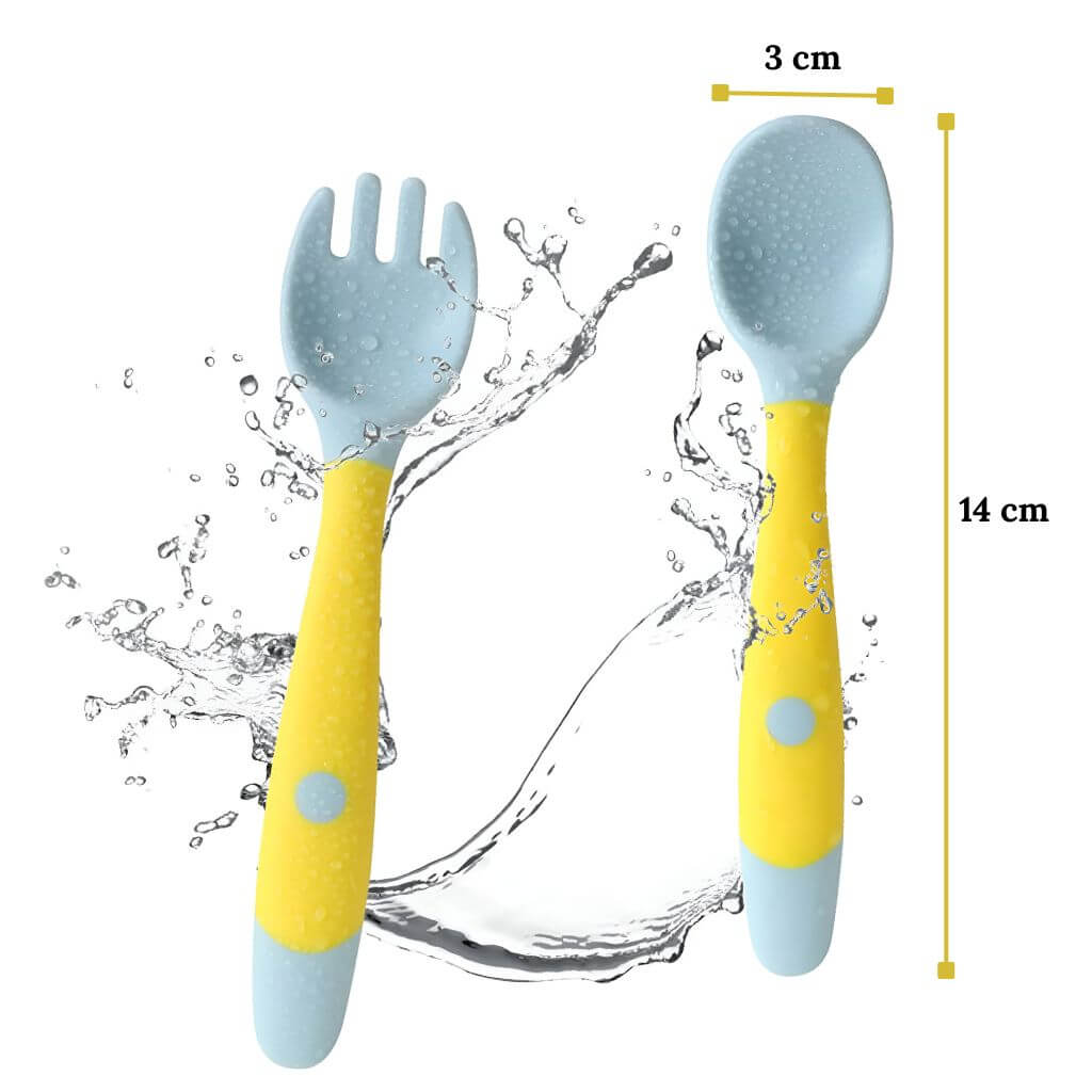 Yellow flexible spoon for baby with dimensions water splash on white background