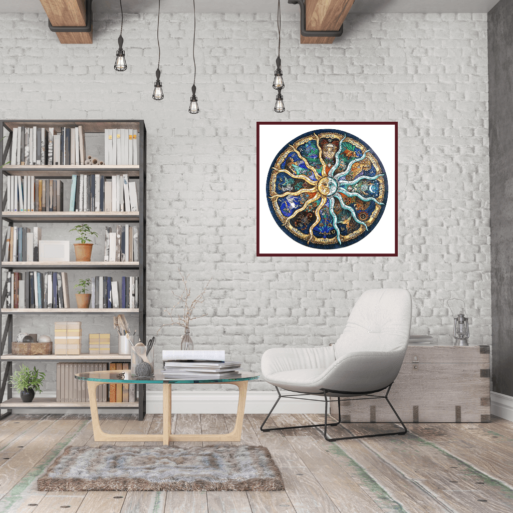 Zodiac circle puzzle mounted on a wall