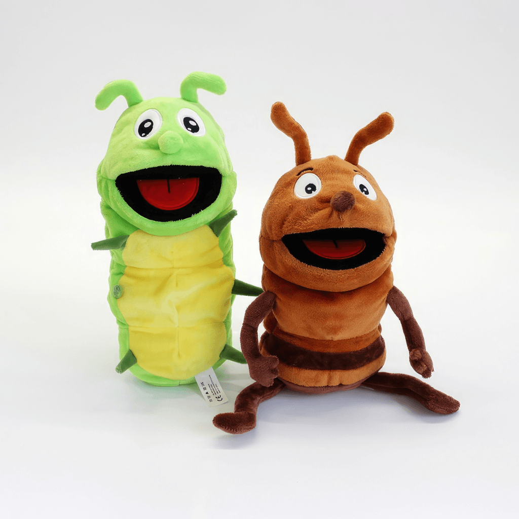 Ant and caterpillar hand puppets for imaginative play and insect themed storytelling