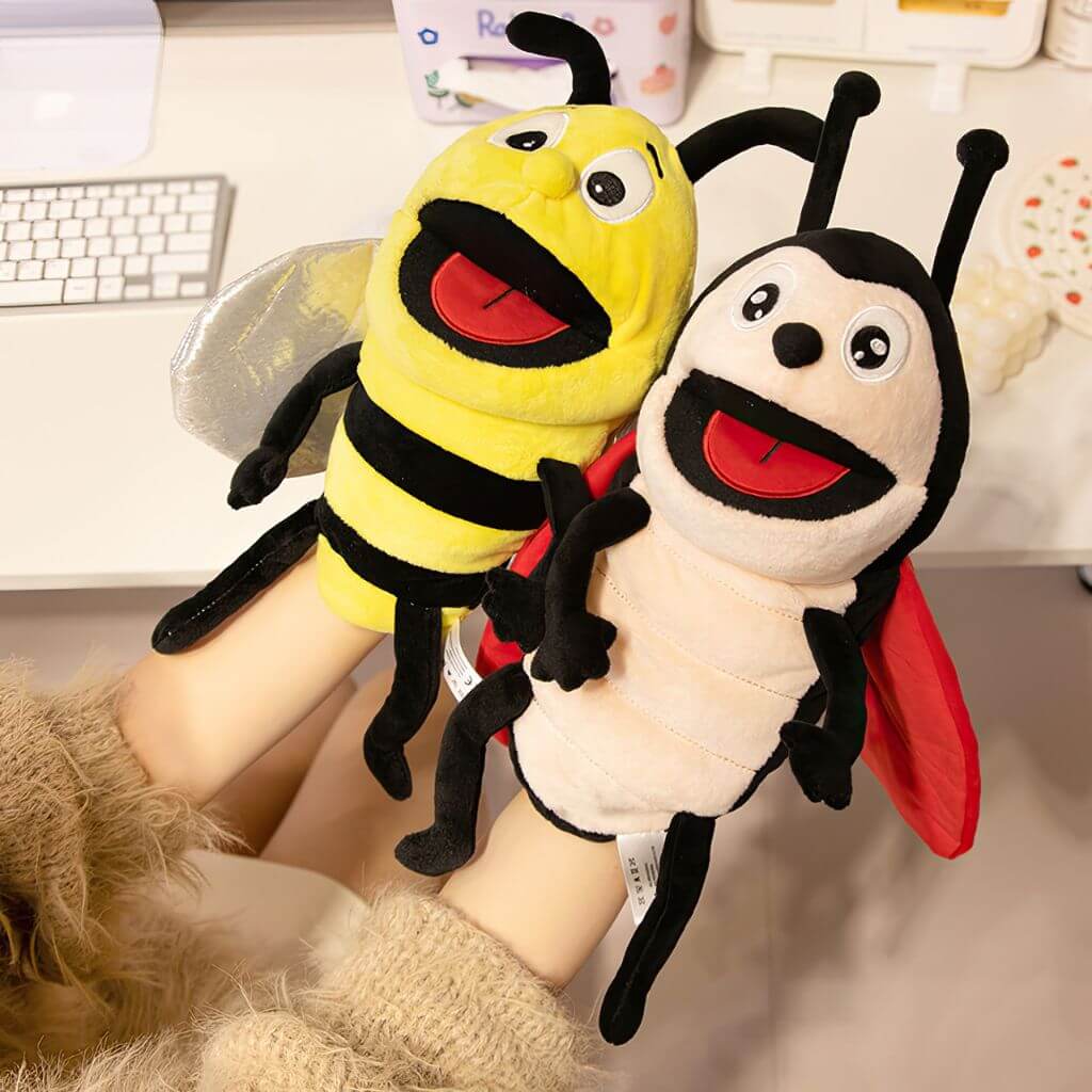 Bee hand puppets used for character play and storytelling to support imagination and communication