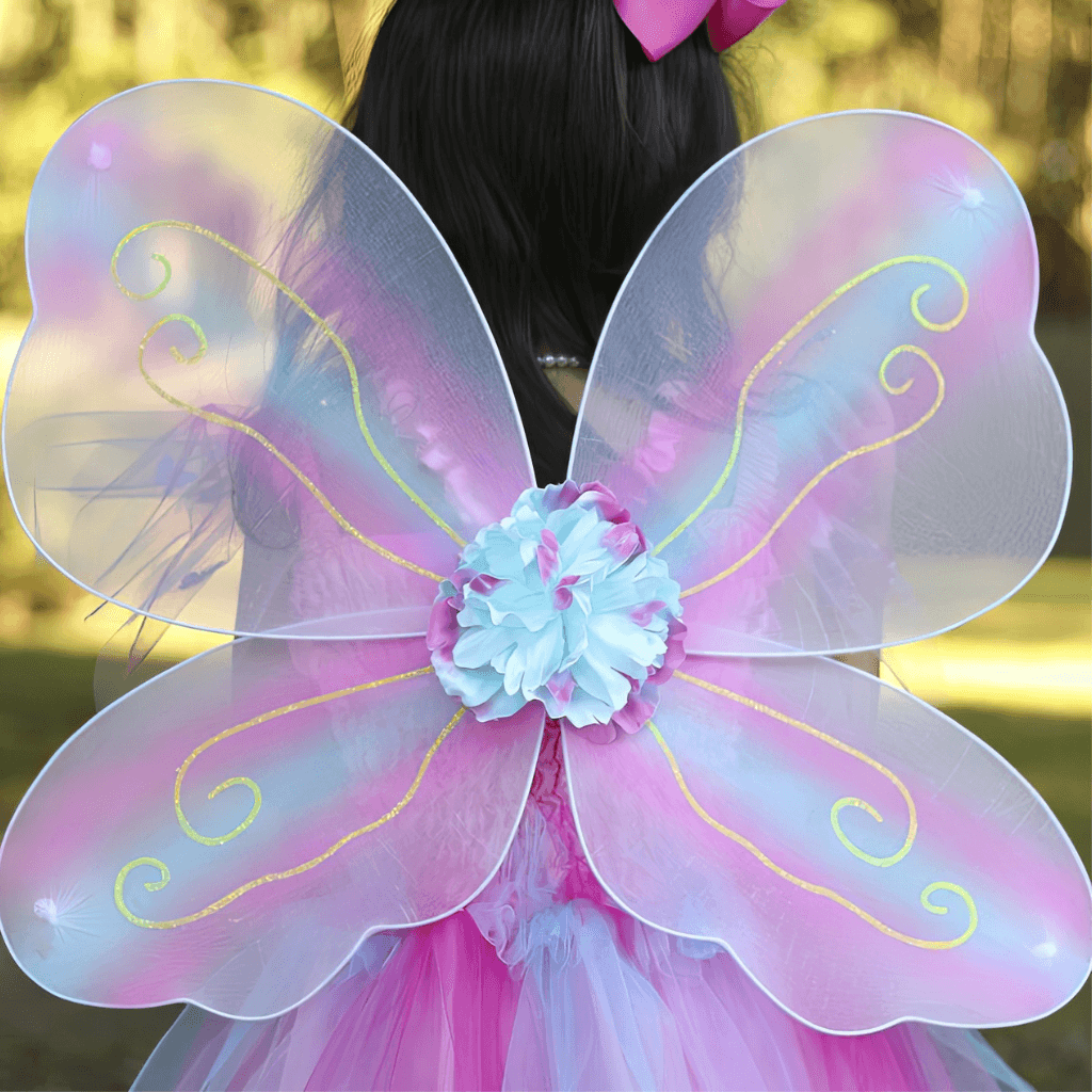 Close up of iridescent butterfly wings on pink dress up costume