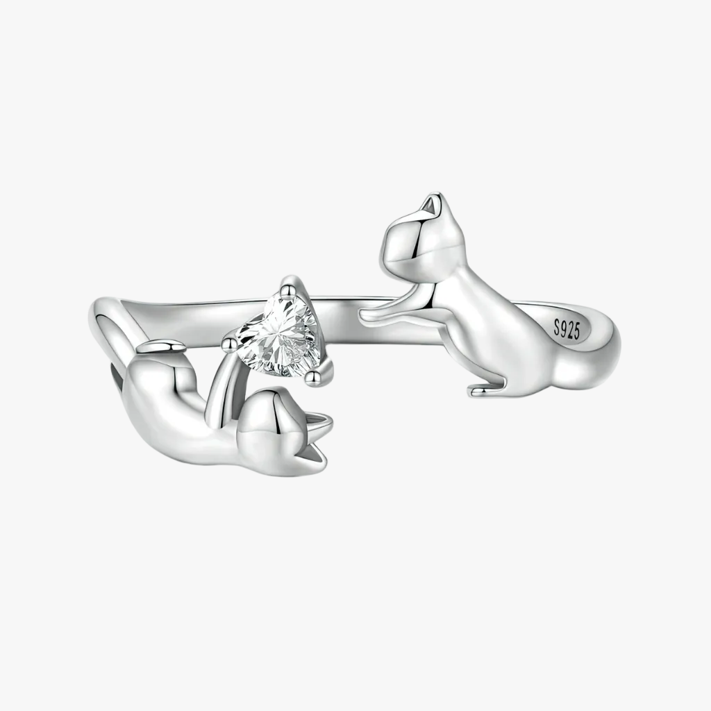 s925 sterling silver cat ring with heart shaped cubic zirconia adjustable kitten ring