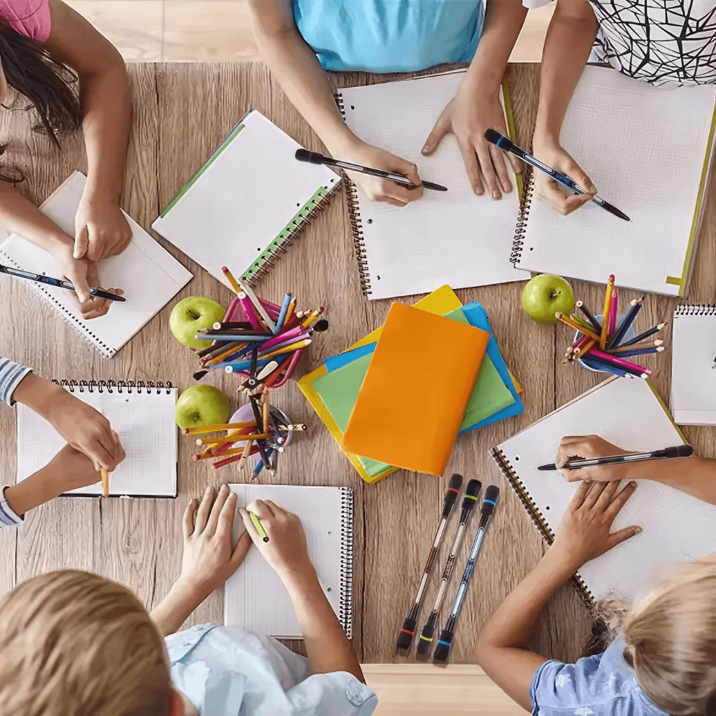 Children using spinning fidget pens at a classroom desk alongside notebooks and stationery