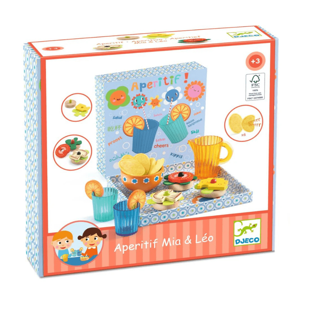 Djeco Mia and Leo appetizer wooden play food set packaging showing contents and accessories
