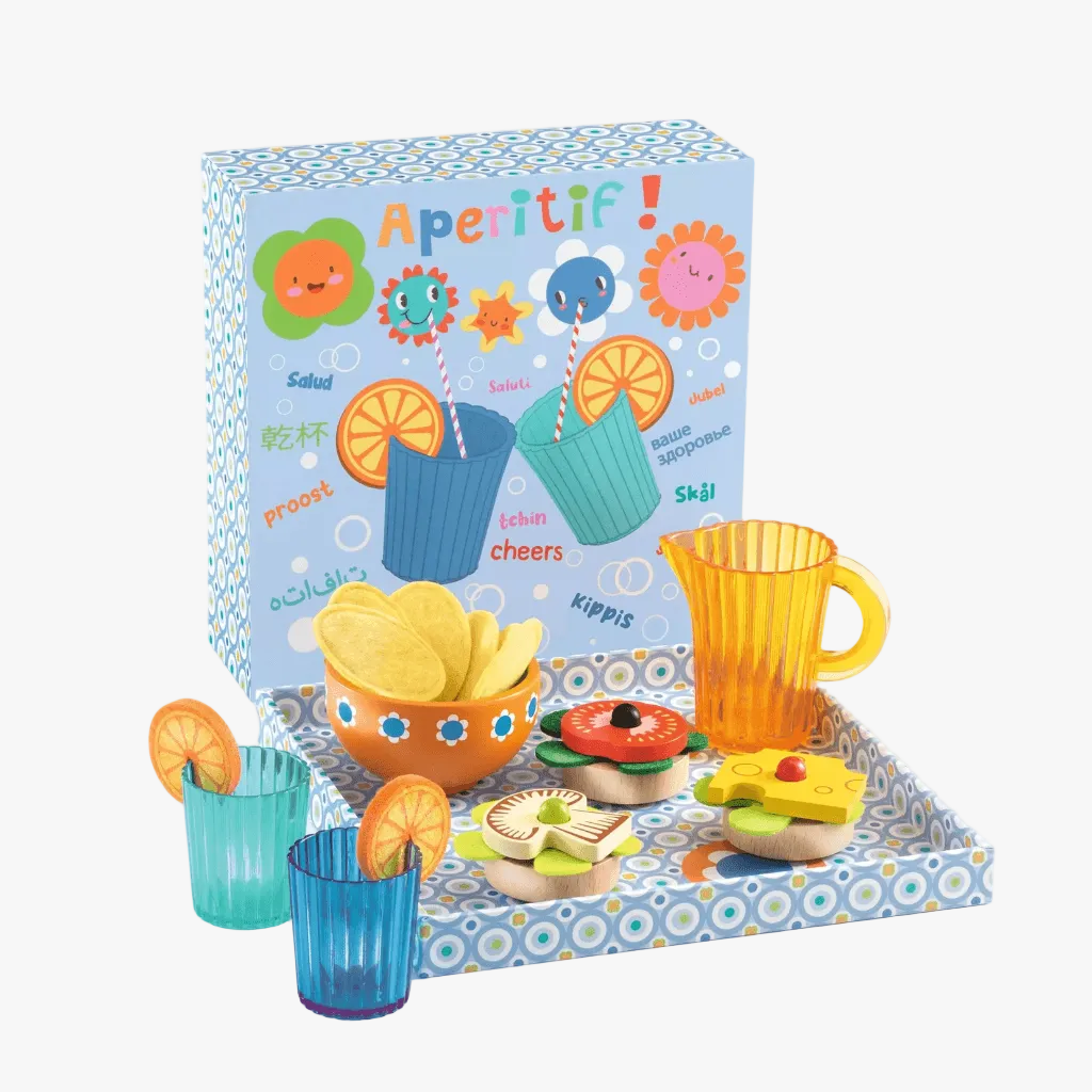 Djeco Mia and Leo appetizer wooden play food set with tray glasses snacks and accessories