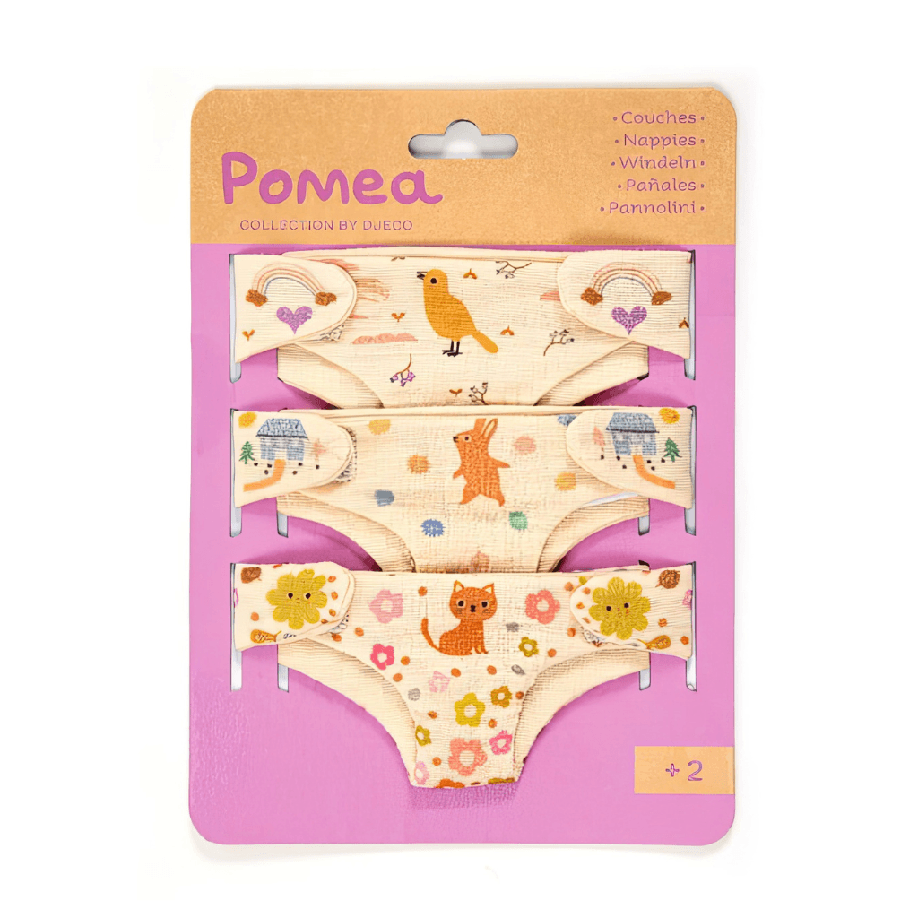 Djeco Pomea reusable doll nappies packaging showing three cotton nappies