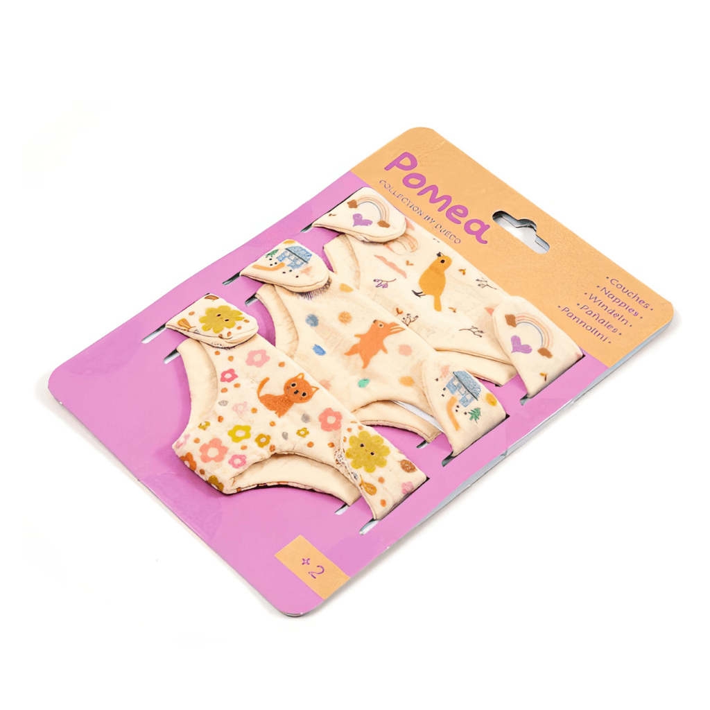 Angled view of Djeco Pomea reusable cotton doll nappies in retail packaging
