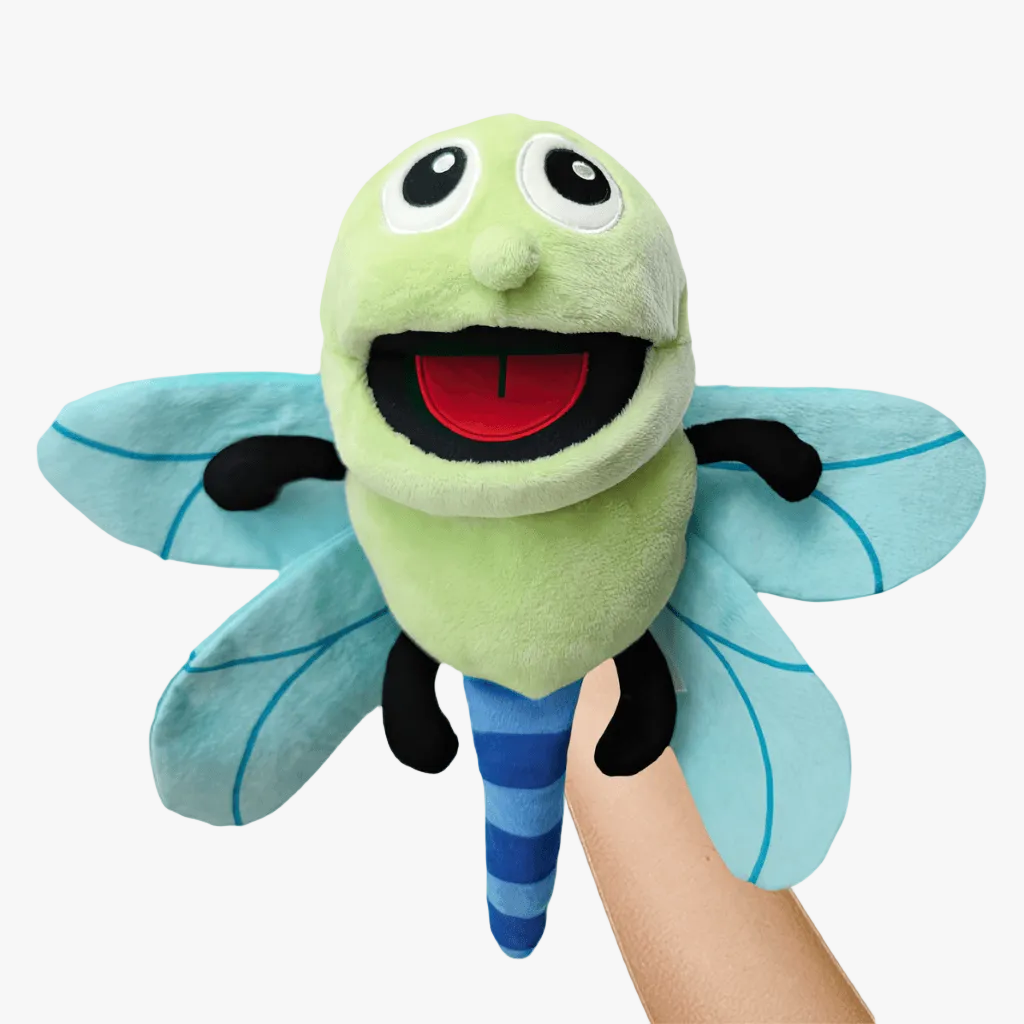 Dragonfly hand puppet plush toy with large wings and friendly expression for storytelling