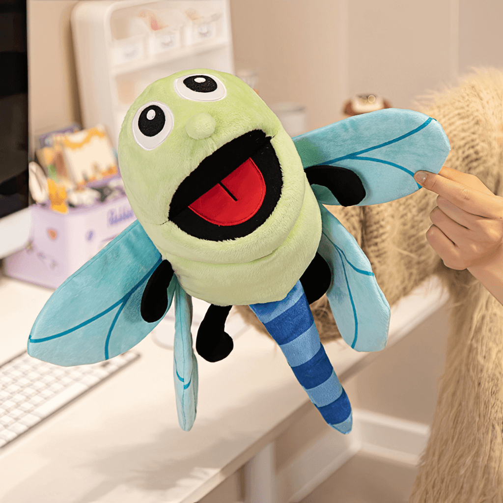 Dragonfly hand puppet used in playroom for interactive storytelling and creative play