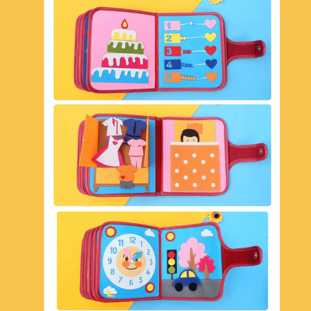 Flat lay of three open felt busy book spreads showing birthday cake, number beads, dress-up wardrobe, clock face, and road traffic scene