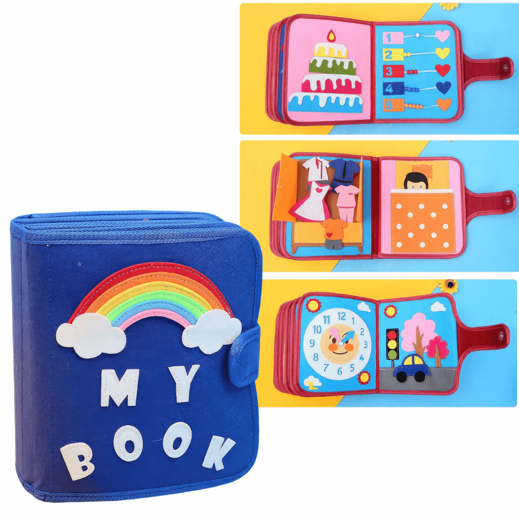 Composite product image showing blue My Book felt busy book cover alongside three open spread activity pages including dress-up and clock