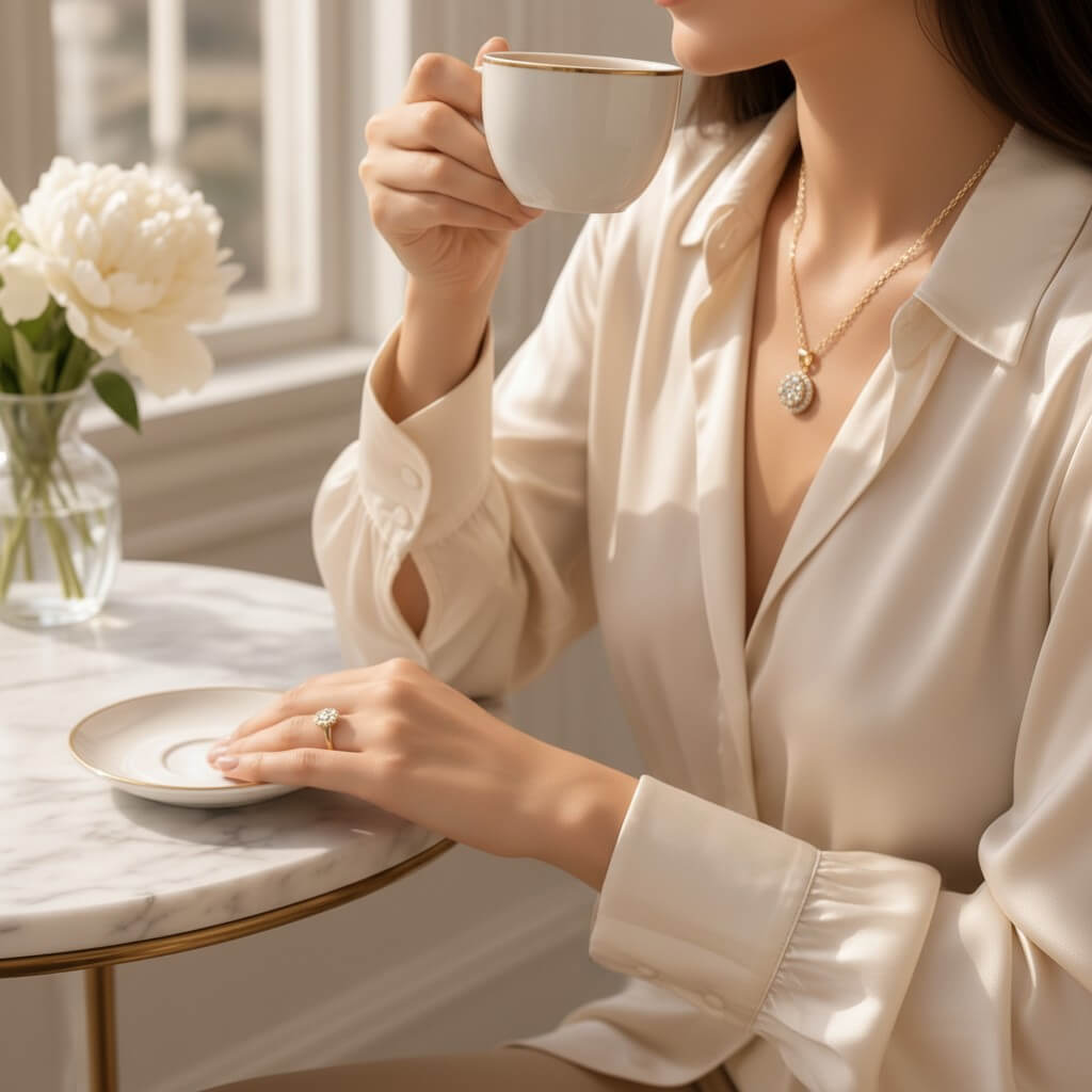 Woman wearing gold plated crystal fidget ring and necklace set drinking coffee at marble table