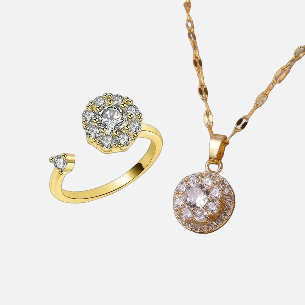 Gold plated crystal fidget jewellery set with spinning flower ring and round pendant necklace on white background