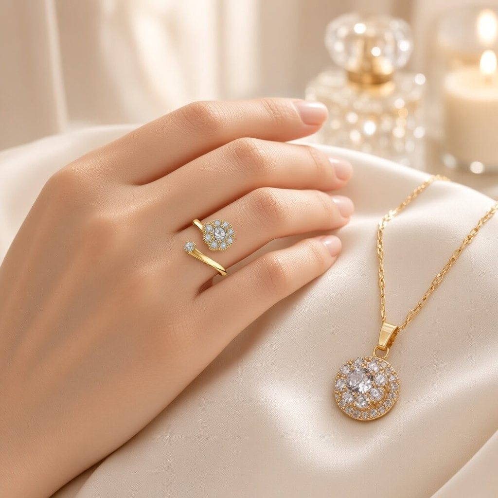 Hand wearing gold plated crystal spinner fidget ring with matching pendant necklace on cream silk fabric