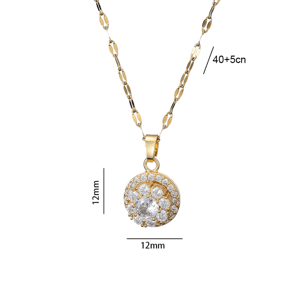Gold plated crystal pendant necklace 12mm dimensions on white background