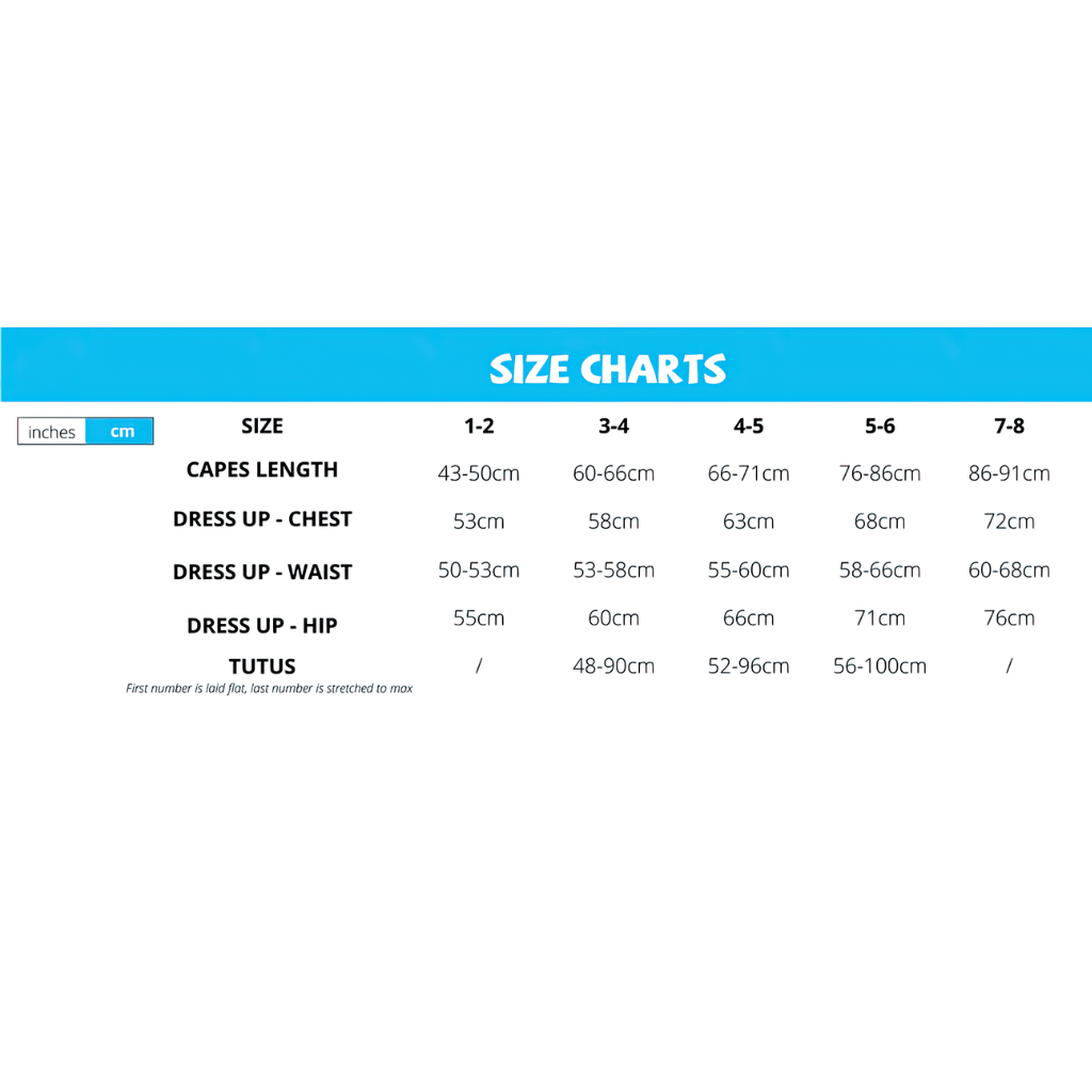 Great Pretenders dress up costume size chart for children