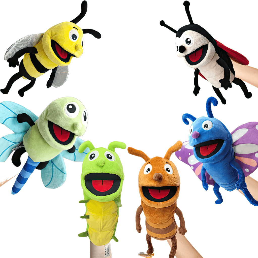 Assorted insect hand puppets including dragonfly bee butterfly and caterpillar for imaginative play