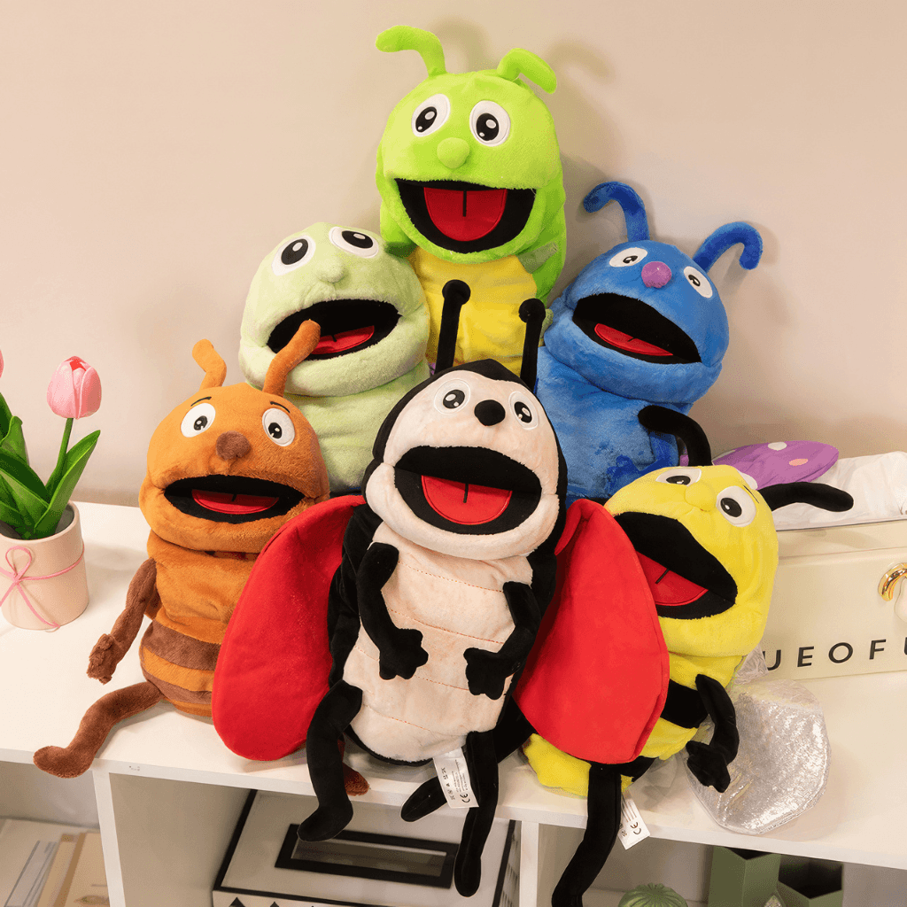Set of insect hand puppets including ant bee butterfly and caterpillar for educational play