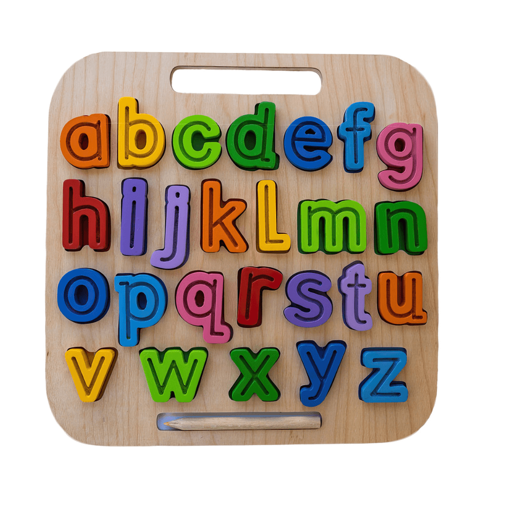 Front view of Kiddie Connect wooden lowercase ABC trace puzzle with magnetic letters and stylus