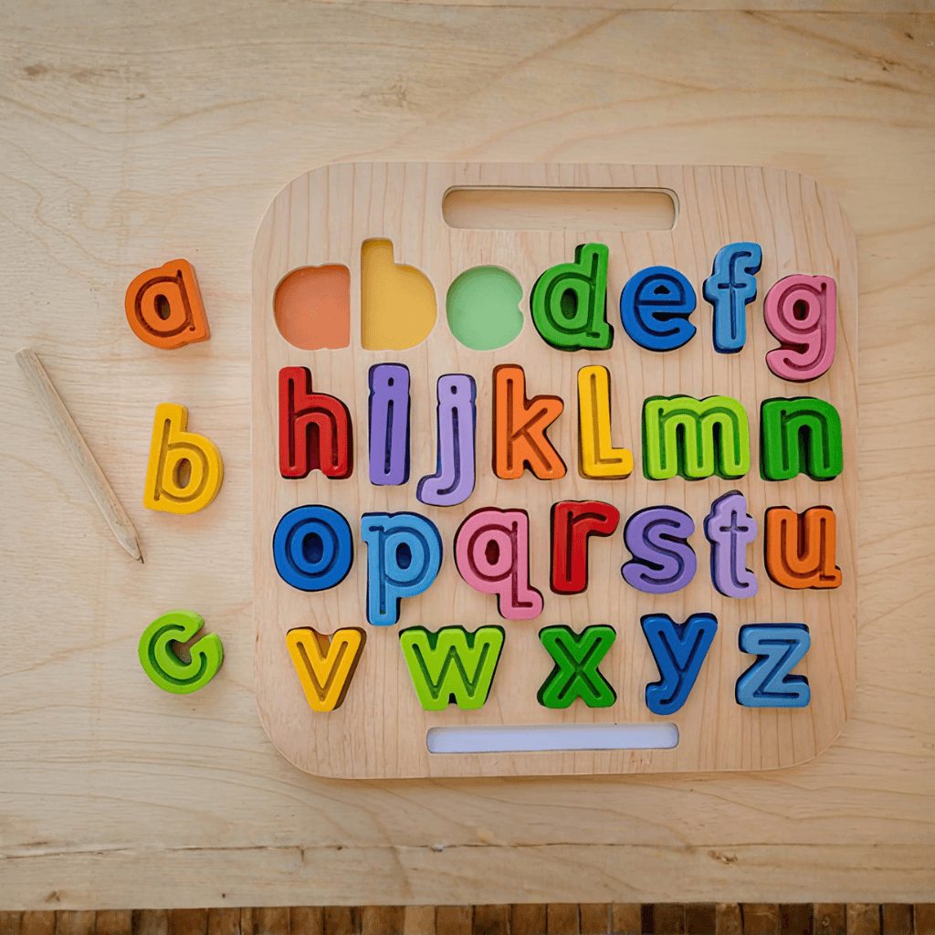 Complete Kiddie Connect lowercase alphabet puzzle set with wooden board and magnetic letters