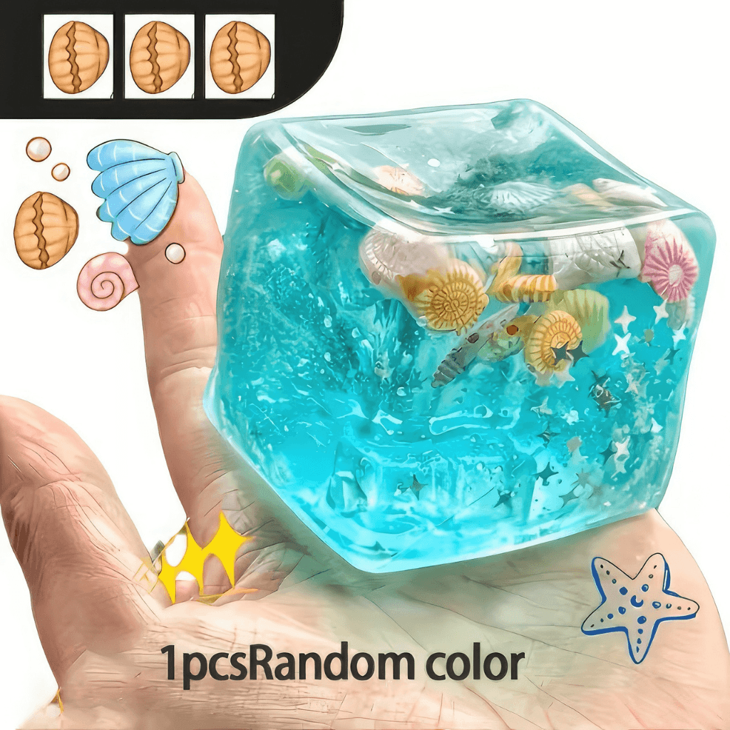 Hand holding ocean sensory cube fidget showing portable calming stress relief toy