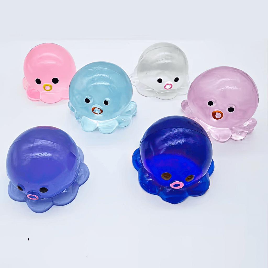 Octopus calm squishy fidget in assorted colours including pink blue purple and clear options