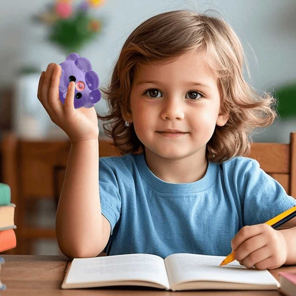 Child holding octopus calm squishy fidget while focusing on schoolwork for sensory support