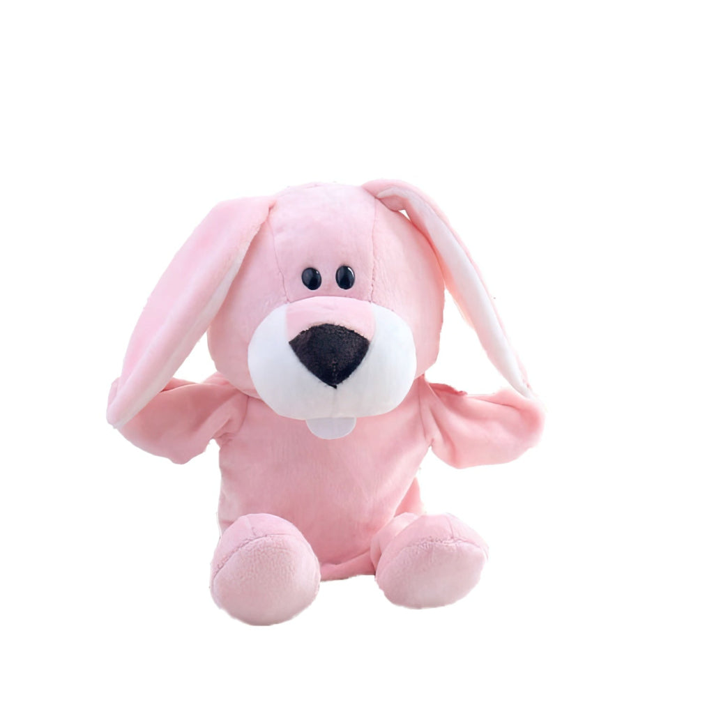 Pink bunny hand puppet seated on white background showing full body with long floppy ears and soft plush fabric
