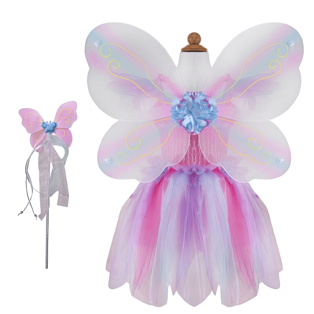 Back view of pink butterfly dress costume with wings and wand