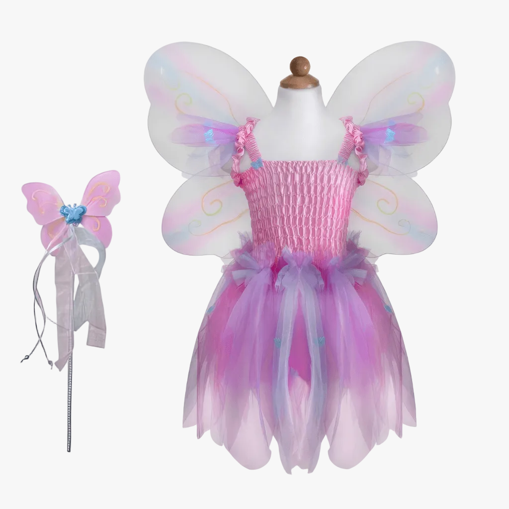 Pink butterfly dress costume with wings and wand by Great Pretenders front view