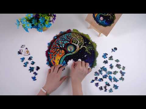 Putting together a round wooden puzzle