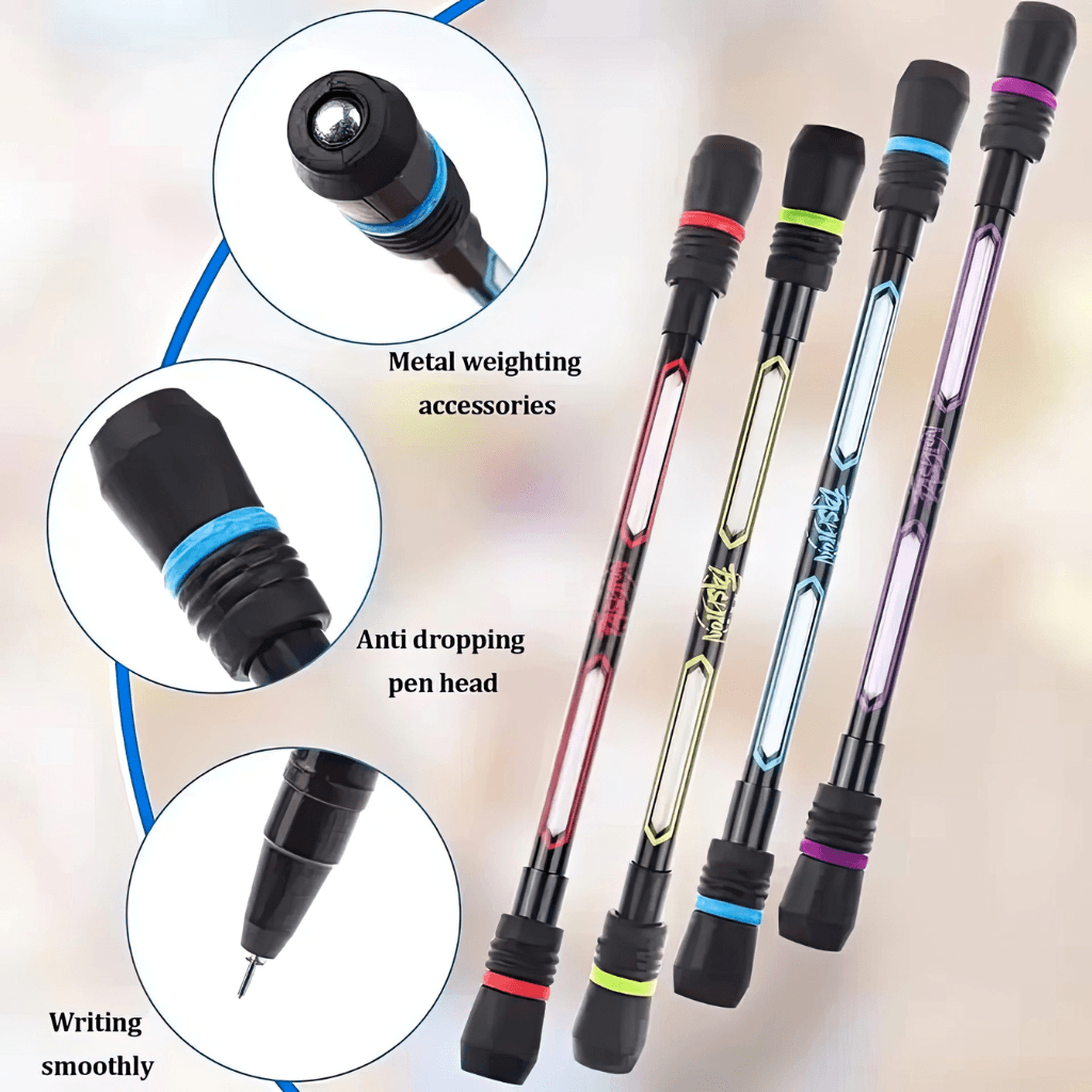 Close-up detail shots of spinning fidget pen showing metal weighting accessory, anti-drop pen head, and smooth gel ink tip