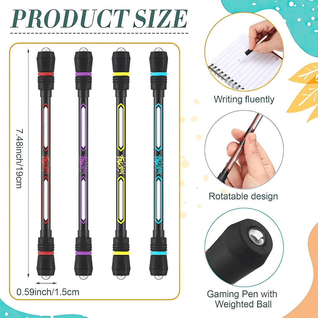 Product size chart showing spinning fidget pen dimensions 19cm x 1.5cm with rotatable design and weighted ball callouts