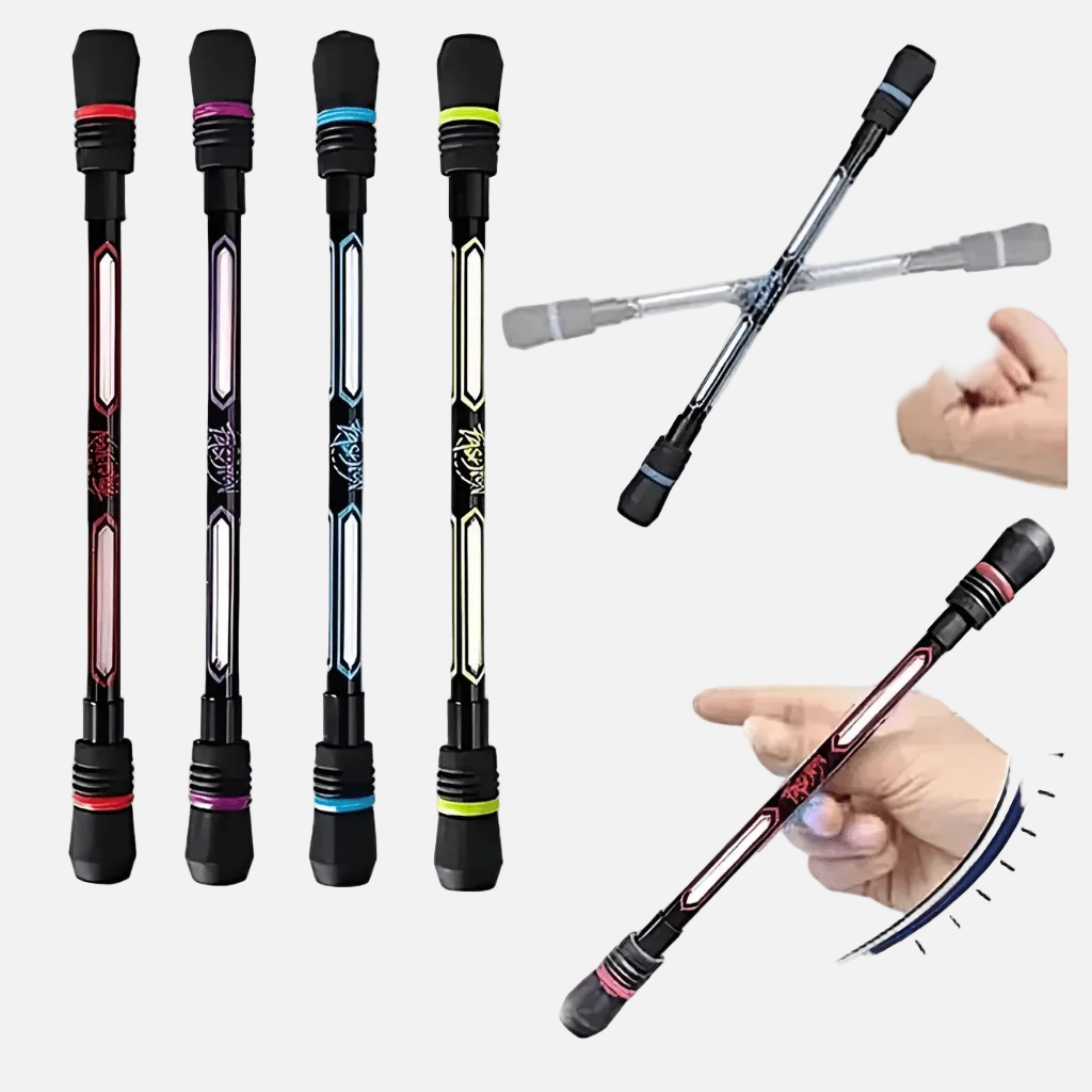 Four coloured spinning fidget pens with weighted ends shown alongside in-action spinning demonstration