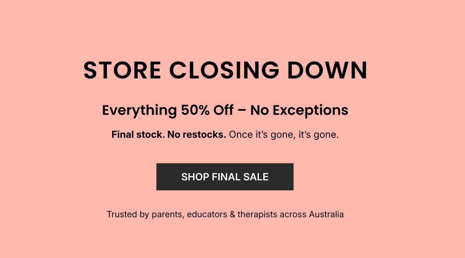 Store closing down sale announcement with 50% off on a pink background.