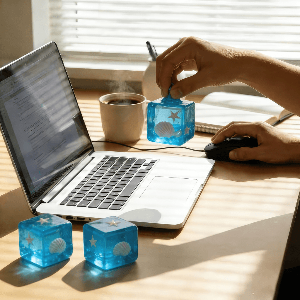Ocean sensory cube fidget used at desk for stress relief and improved focus