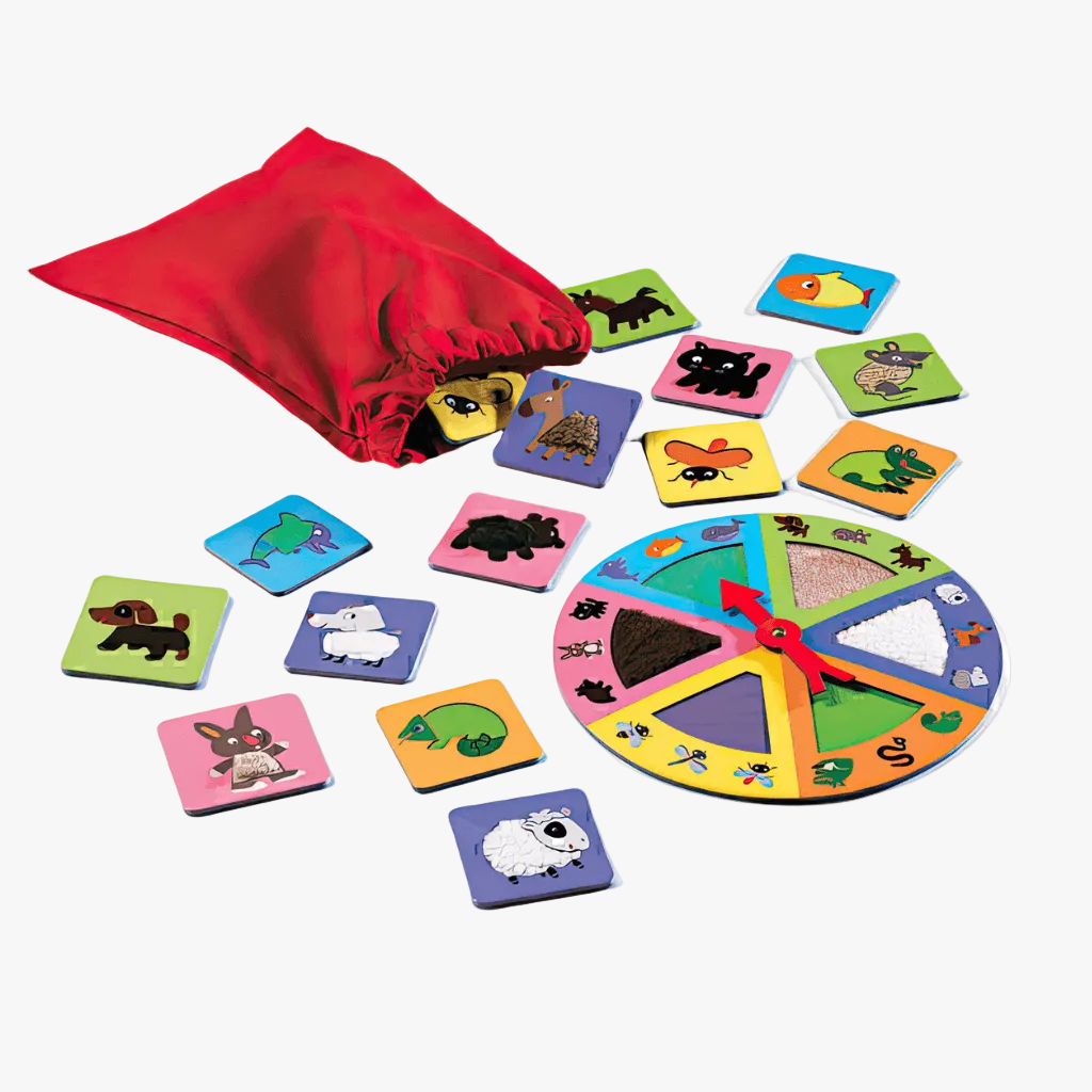 Tactilo Loto animal board game by Djeco with tactile spinner, cards and sensory bag