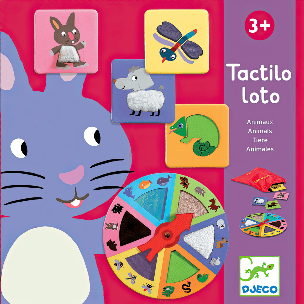Close-up of Tactilo Loto animal cards and textured spinner for tactile matching game