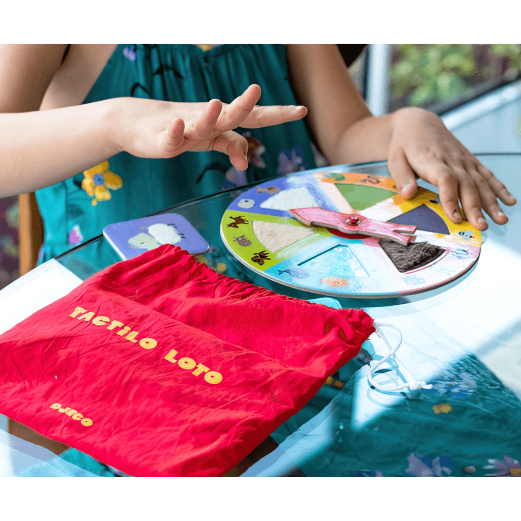 Tactilo Loto animal board game by Djeco with tactile spinner, cards and sensory bag
