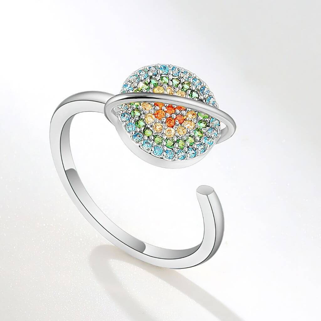 Adjustable planet fidget ring in silver on grey background