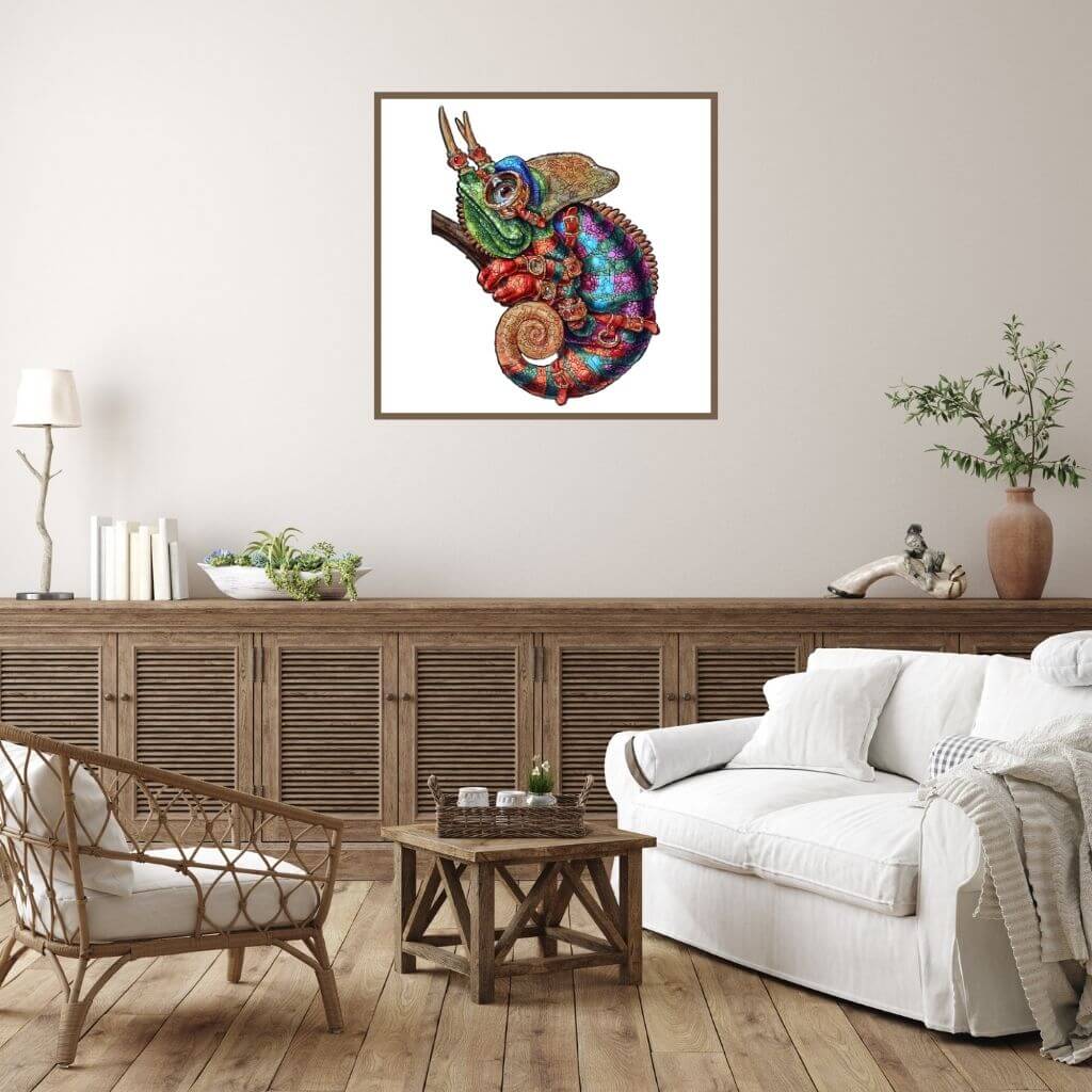 Adult jigsaw puzzle chameleon displayed on a living room wall