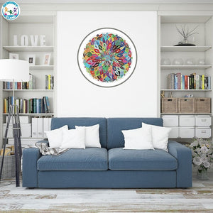 Modern living room with colorful round puzzle on the wall