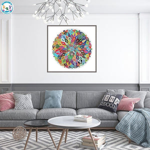 Round blooming color puzzle 1000 piece displayed on a modern living room wall