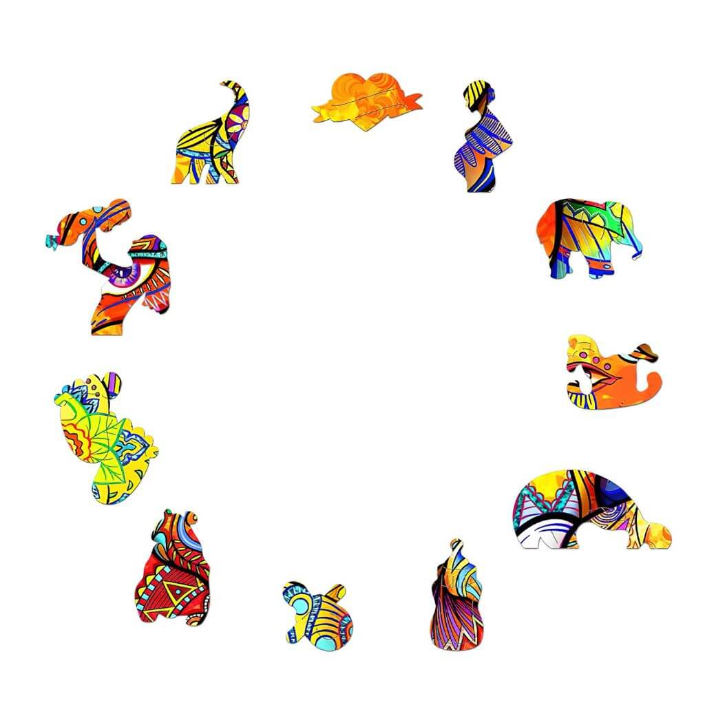 Animal shaped wooden puzzle pieces on white background