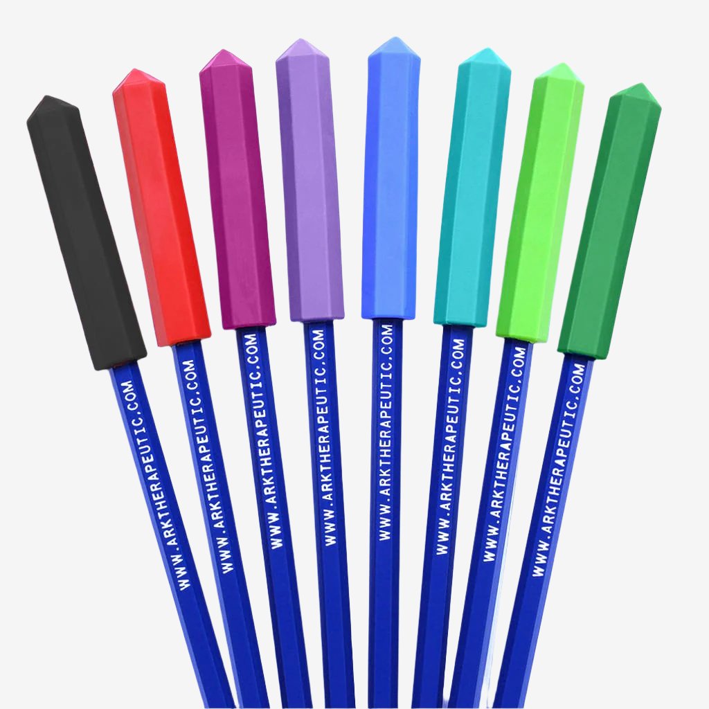 Ark&#39;s krypto bite chewable pen toppers and pens in 8 colors and 3 toughness levels